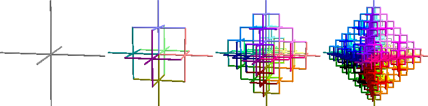 3-D Greek cross fractal stages 1 through 4