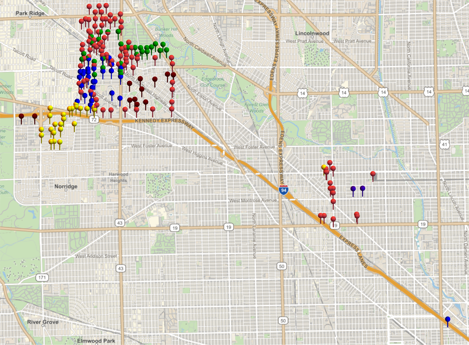 Map showing wider area
and smaller markers, with big blank space in Jefferson Park