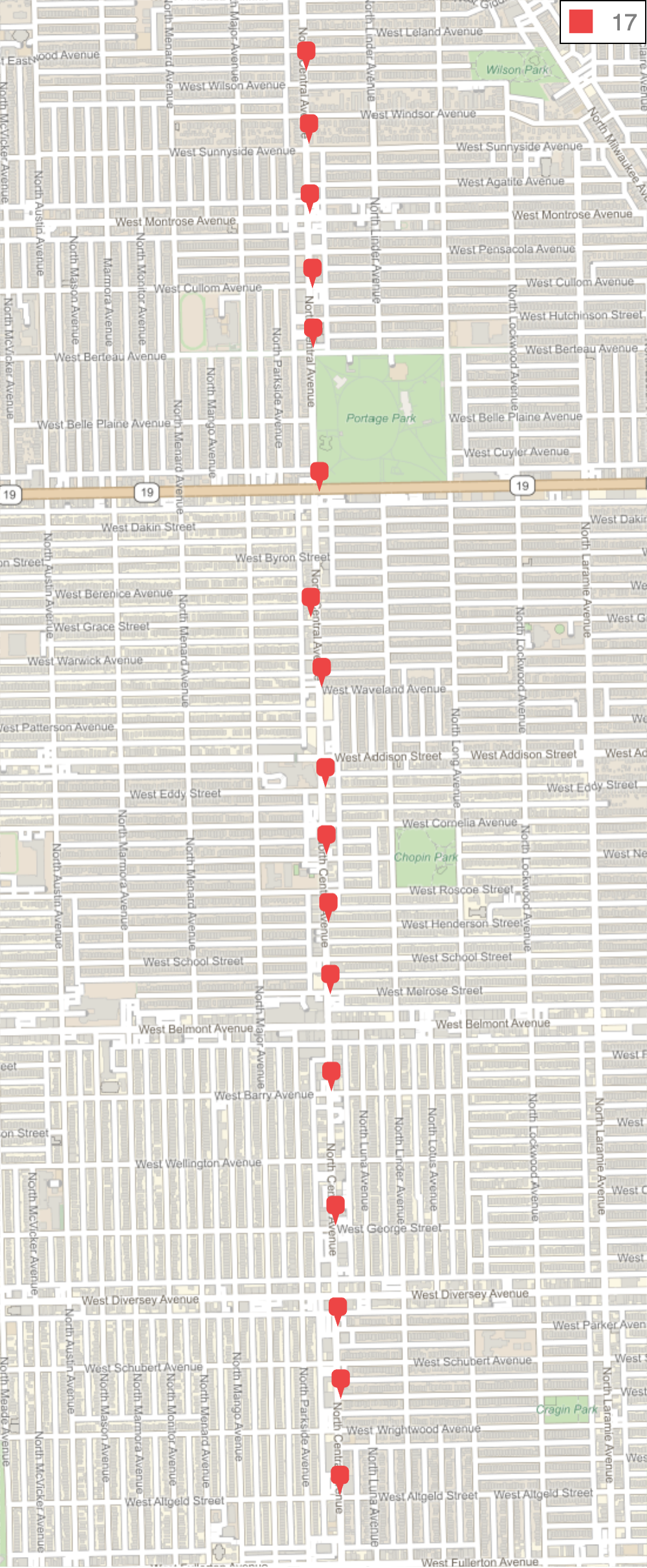 Street map showing location of 17 sidewalk bears